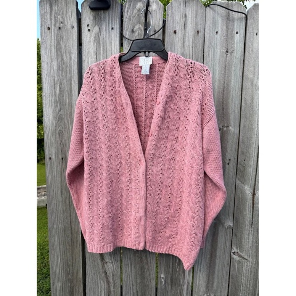 Vintage Real Life Cardigan Womens Small Pink Pointelle Cable Knit Sweater